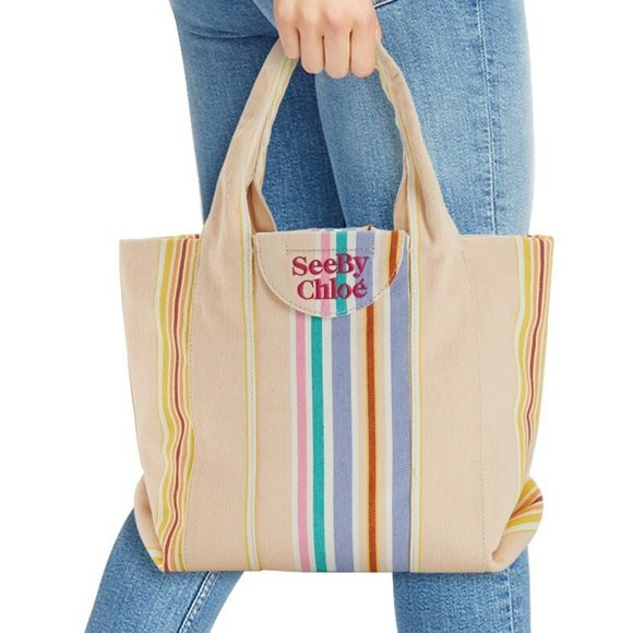 See by Chloé Laetizia Striped Tote Bag in Smooth Tan MSRP$450 Great Reviews - Picture 1 of 13